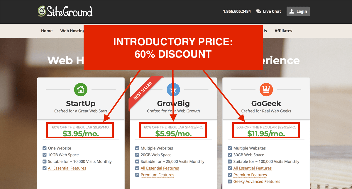 siteground introductory pricing upto 63% off
