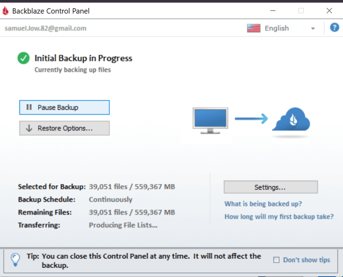 Painel de controle Backblaze