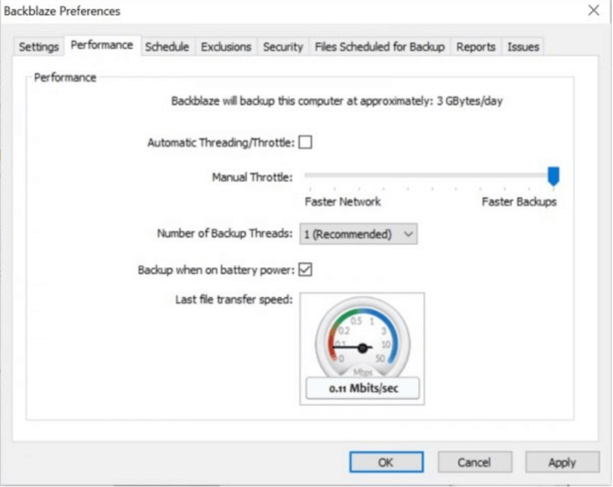 Configurações do acelerador de Blackblaze