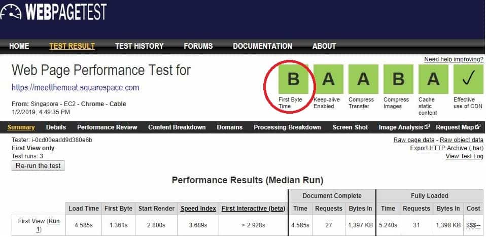 webpagetest result of our squarespace test site