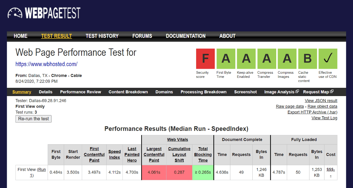 the webpagetest result on our weebly test site