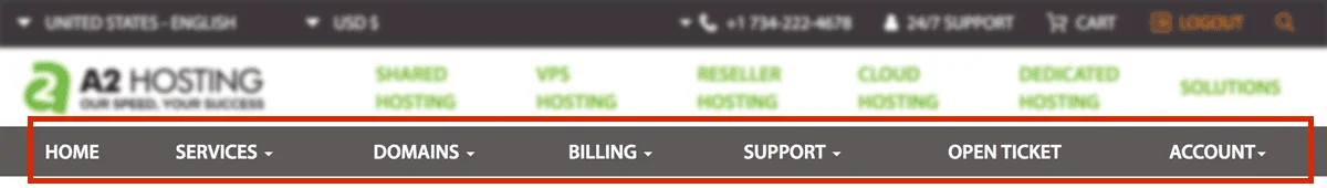 a2 hosting account menu