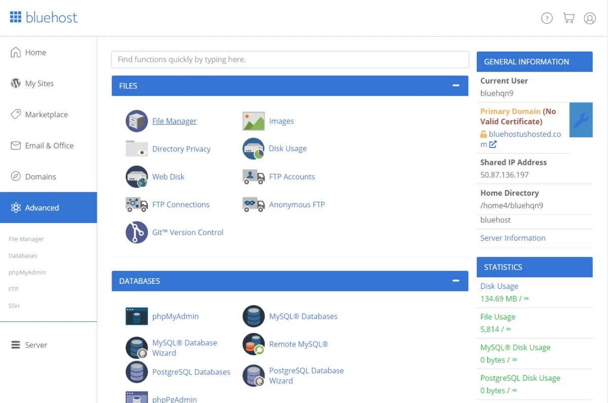 bluehost custom cpanel