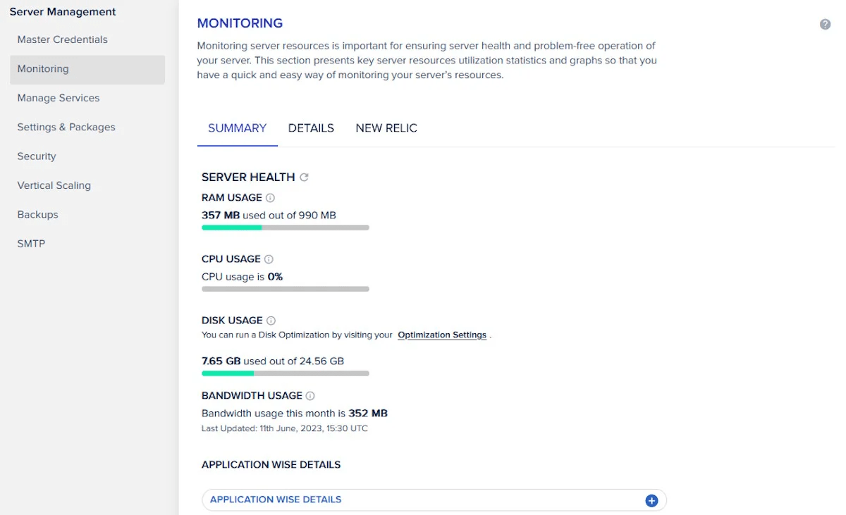 cloudways interface for monitoring server resources