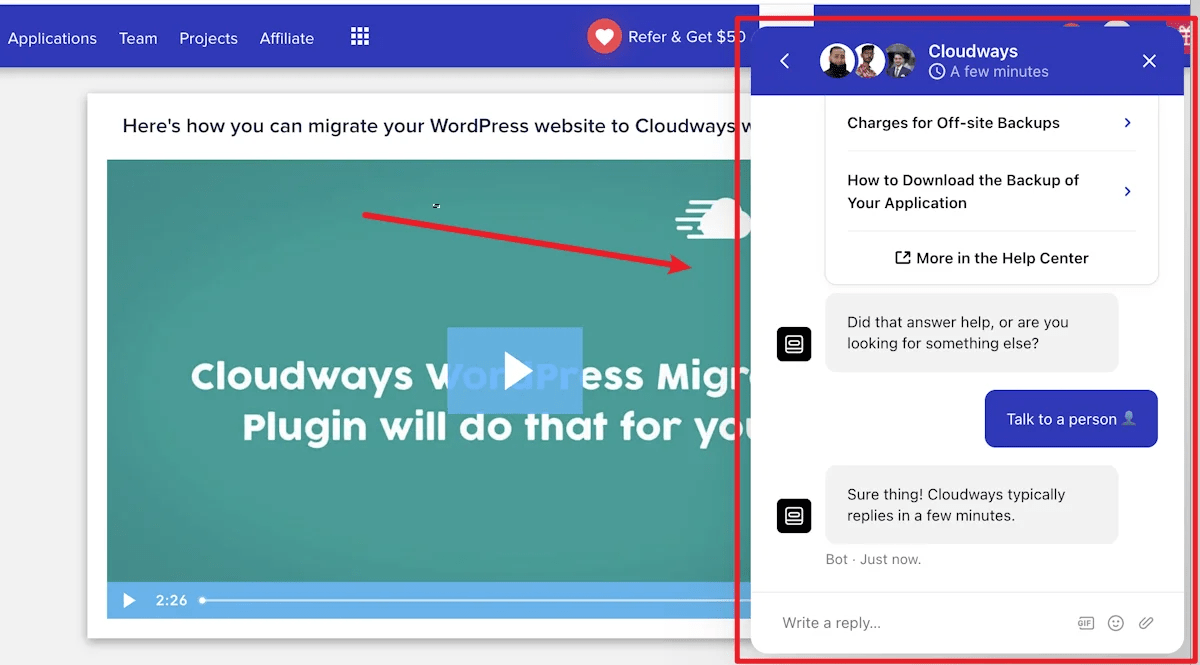 cloudways support live chat bots