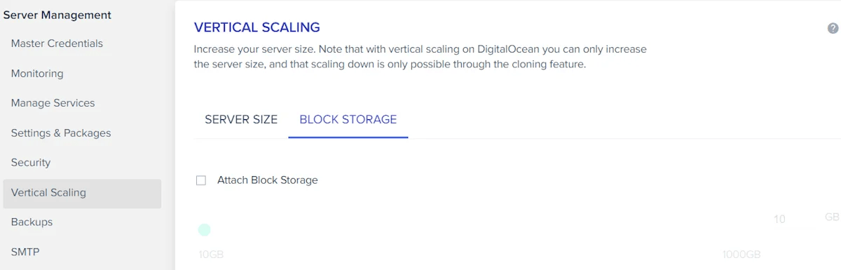 cloudways vertical scaling block storage