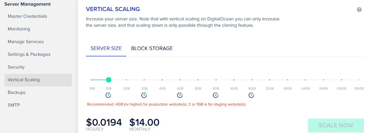 cloudways vertical scaling server size