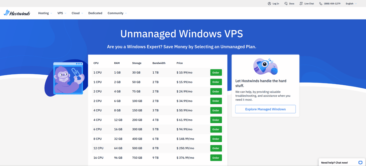 hostwinds unmanaged windows vps hosting