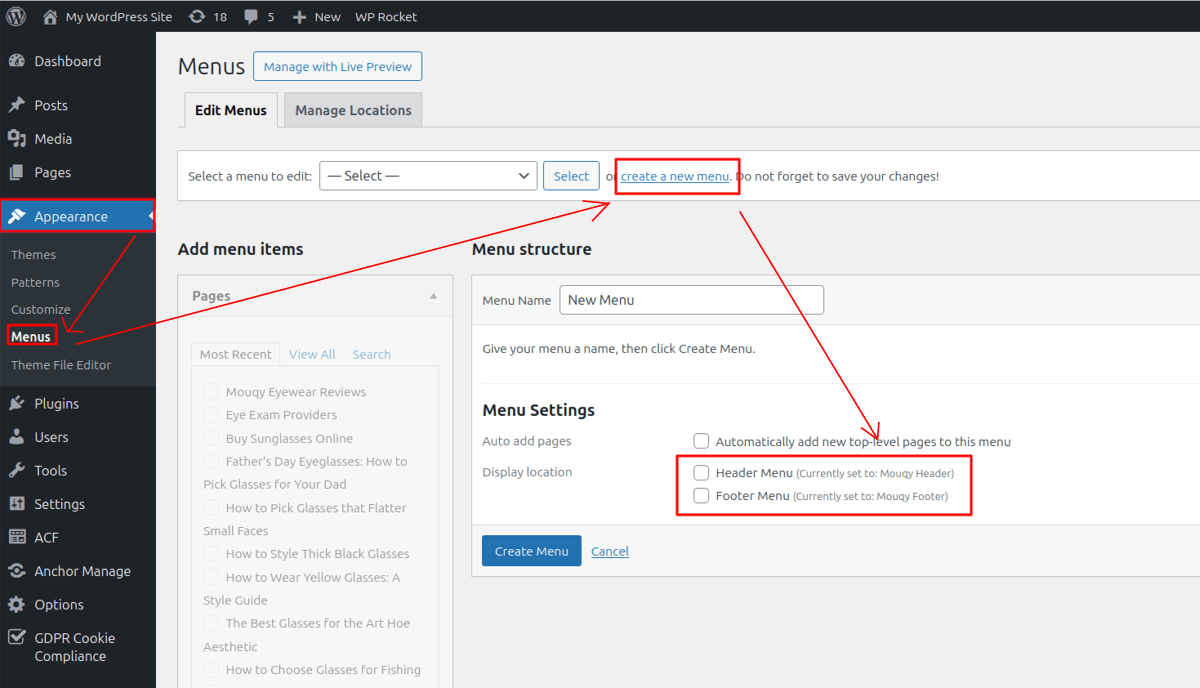 wordpress site add header footer menus