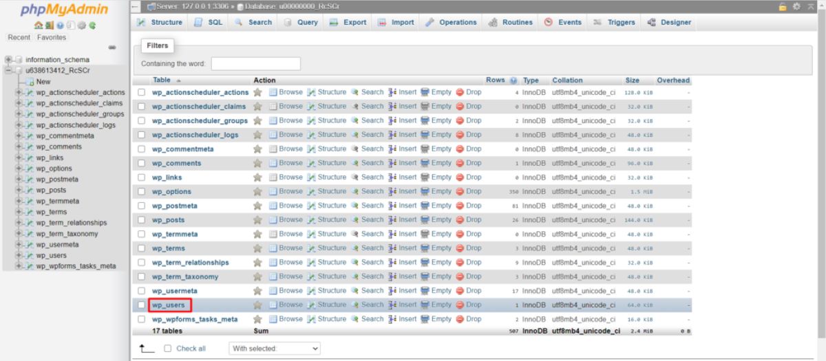 database table in phpMyAdmin dashboard