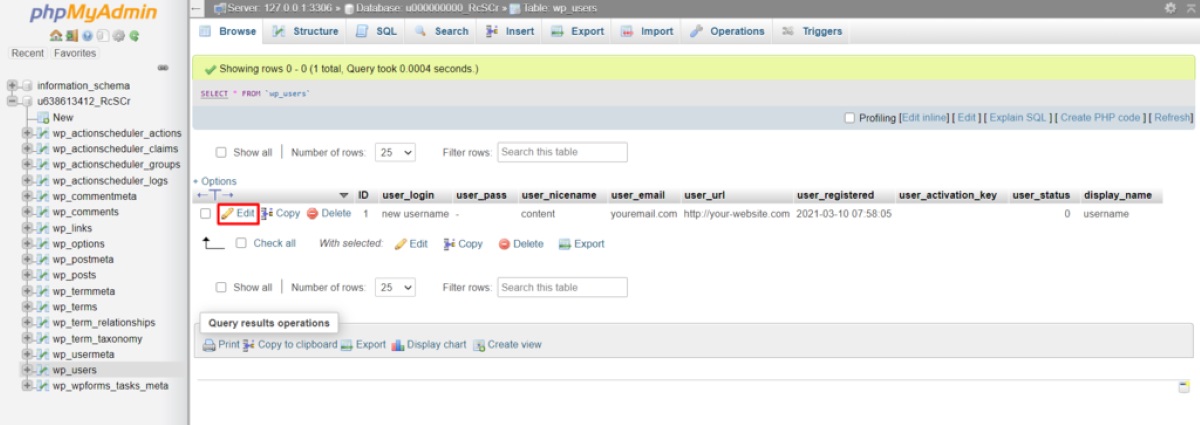 edit to change username in phpMyAdmin