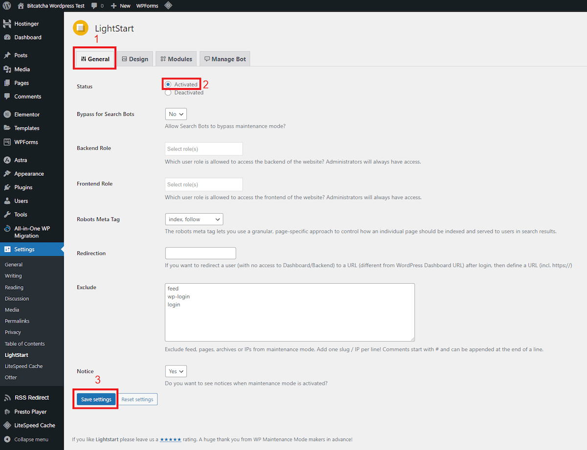 Lightstart general tab