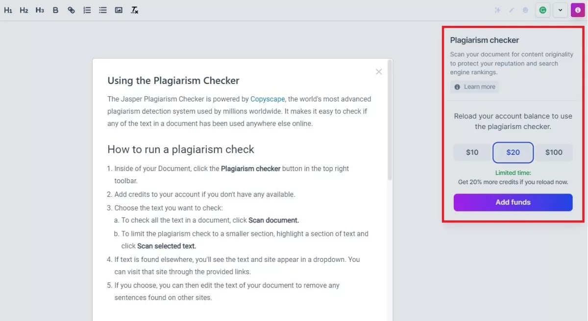 Jasper Copyscape for plagiarism detection
