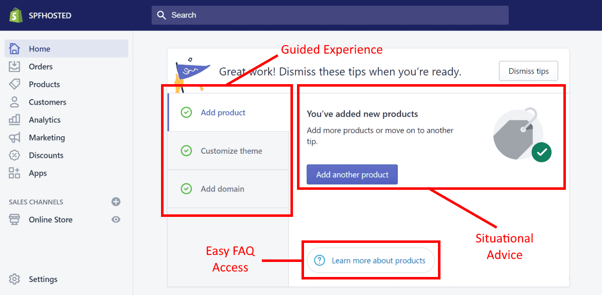 shopify dashboard gives clear guidance on what to do