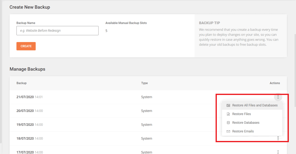 siteground offers free daily backup with easy restoration