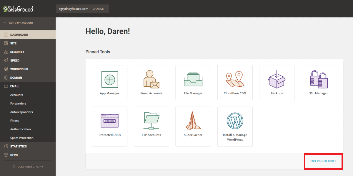 siteground site tool allows pinning frequent used functions