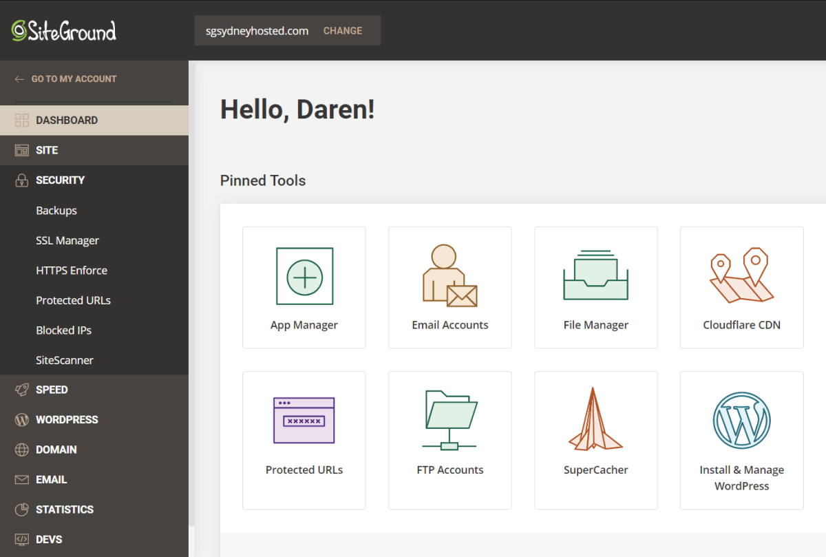siteground has custom control panel site tools