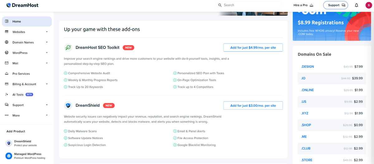 dreamhost control panel user interface