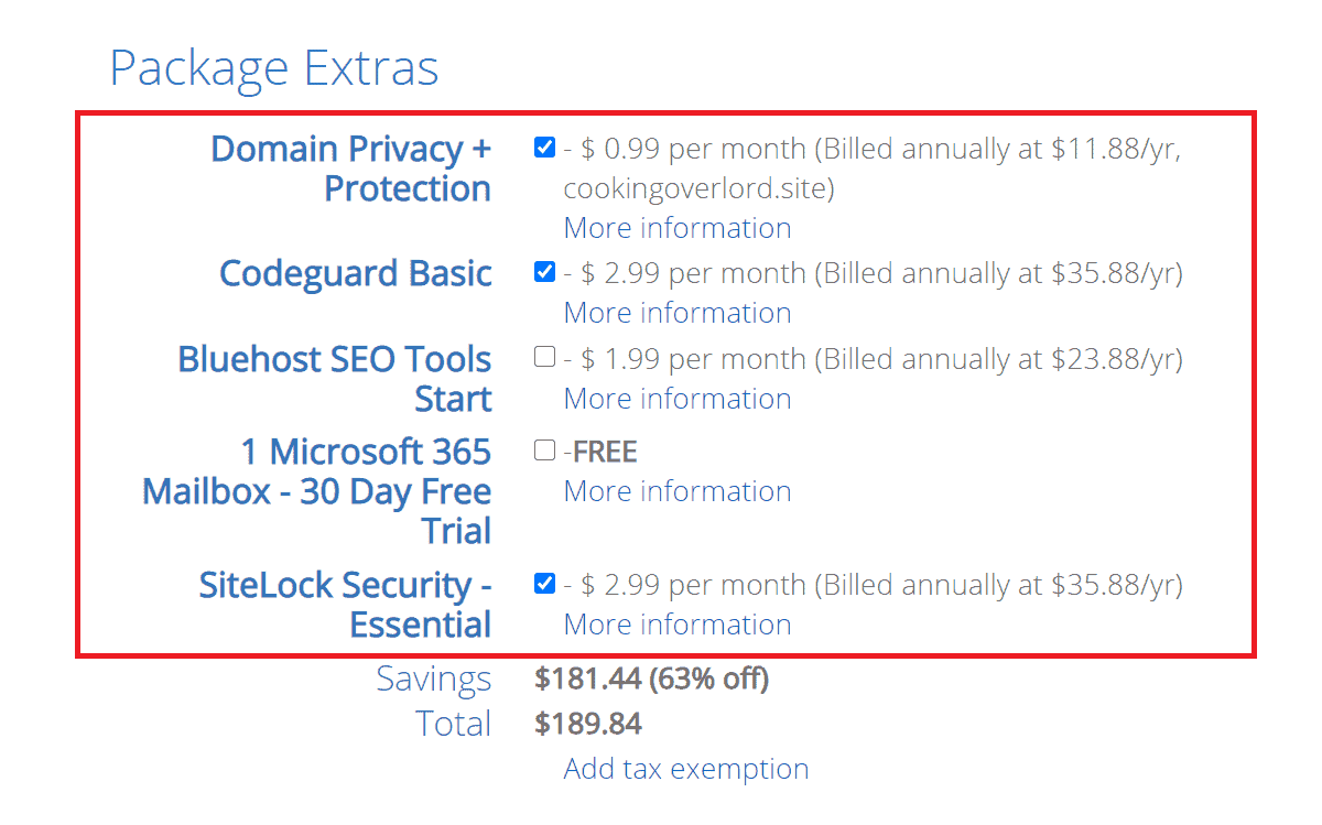 bluehost additional features at checkout
