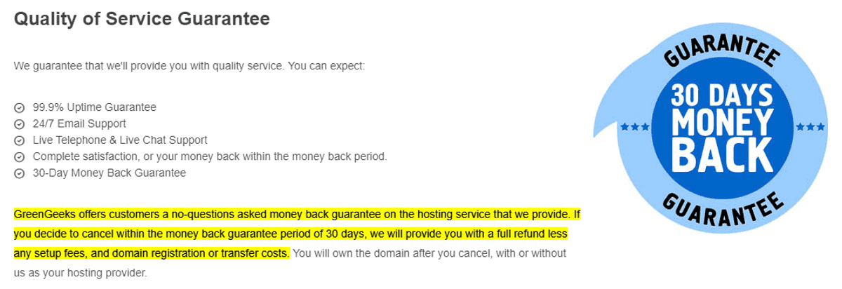 greengeeks offer 30 day money back guarantee unconditionally