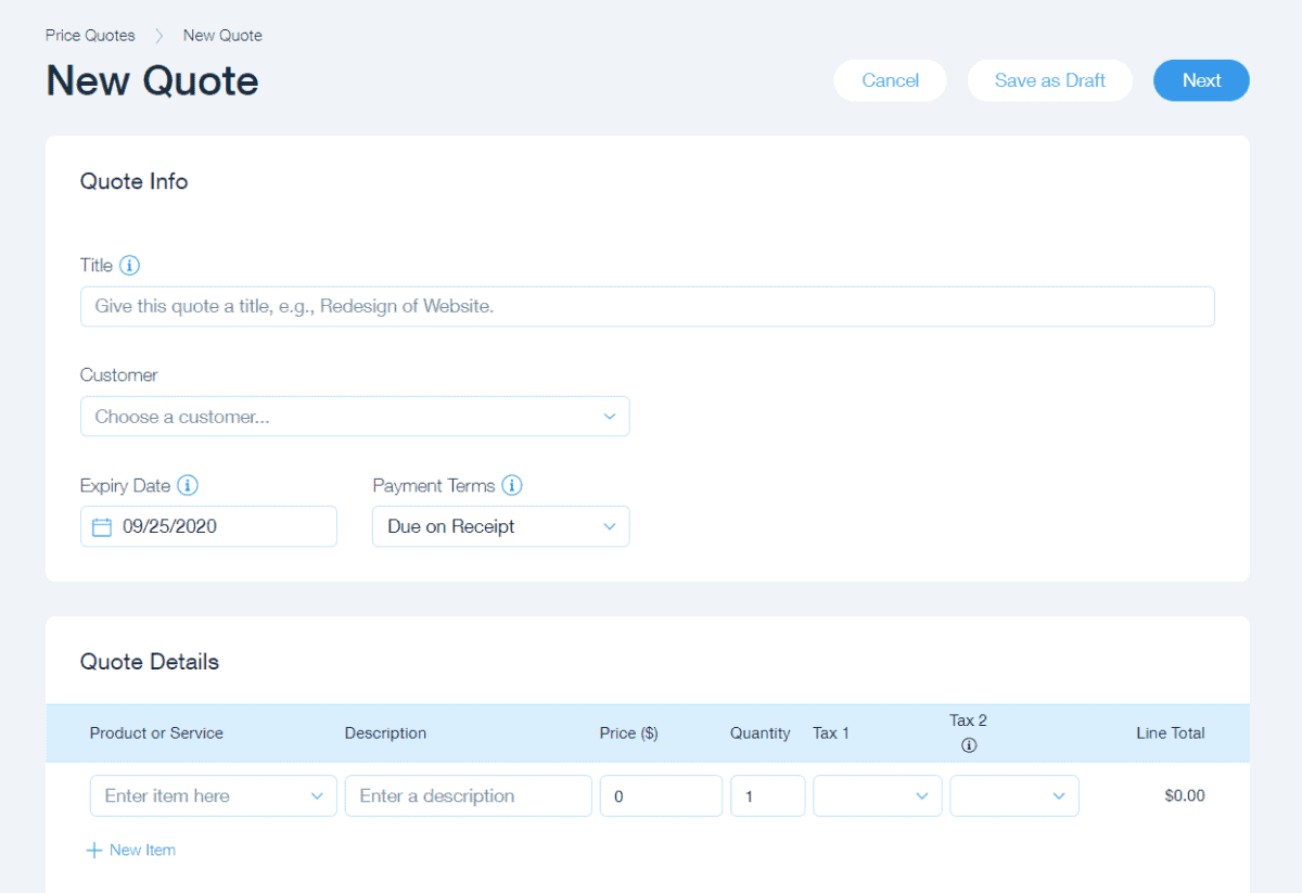 wix allows you to create custom quote for customer