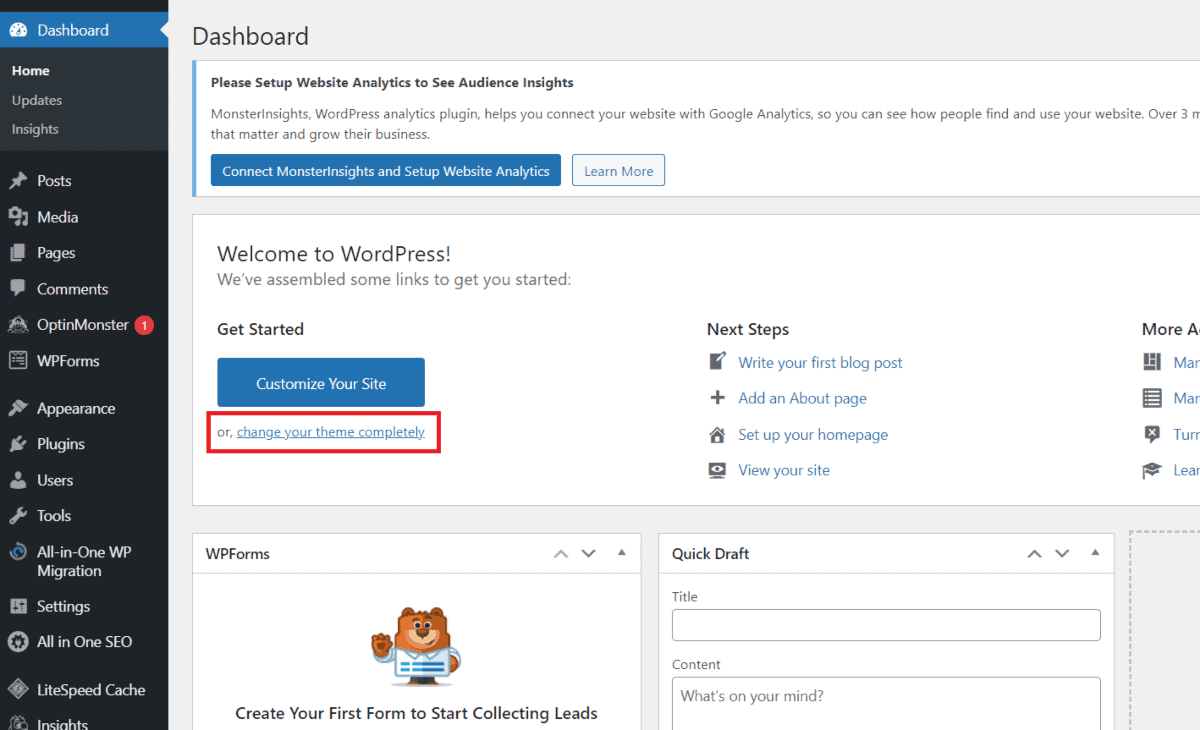 change your website theme from wordpress dashboard