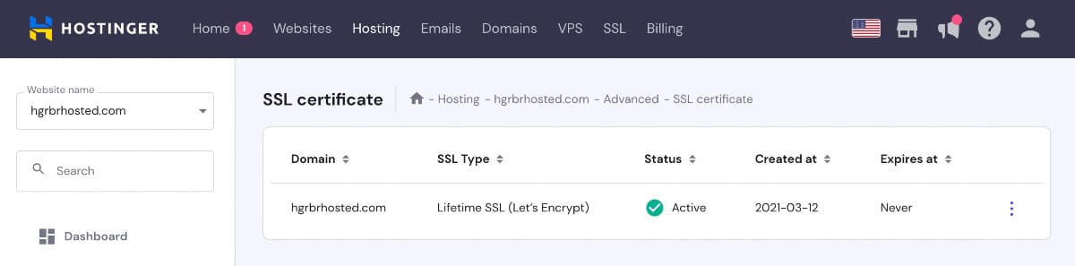 hostinger ssl certificate dashboard