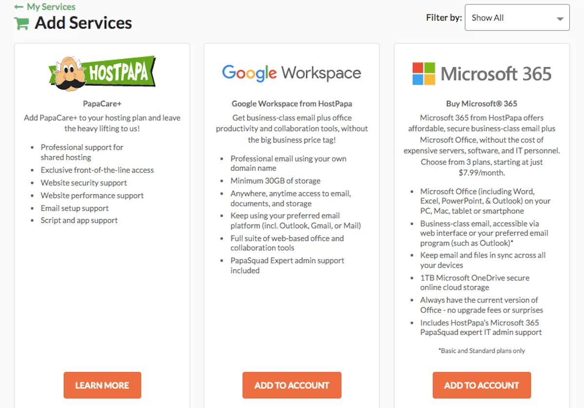 hostpapa add services
