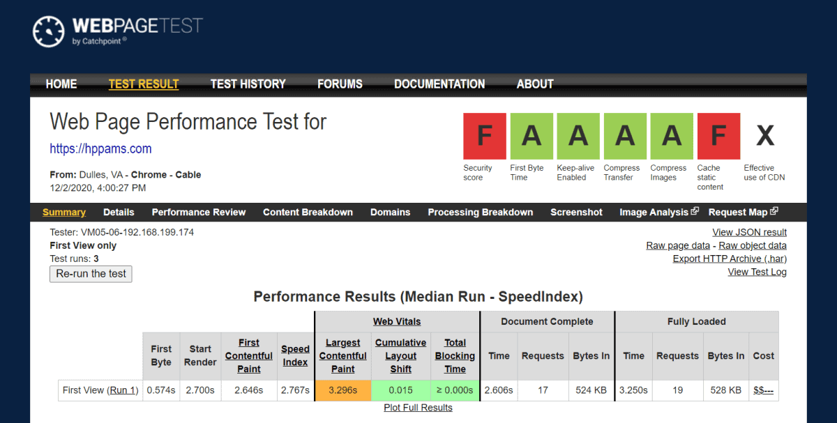 hostpapa amsterdam webpagetest speed test result