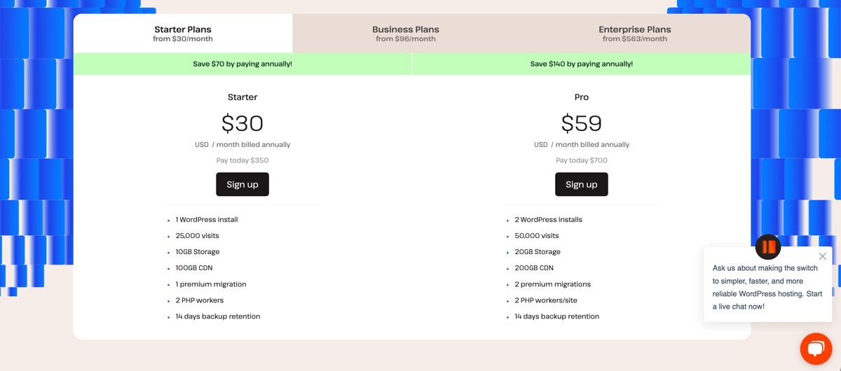 kinsta managed wordpress hosting plans