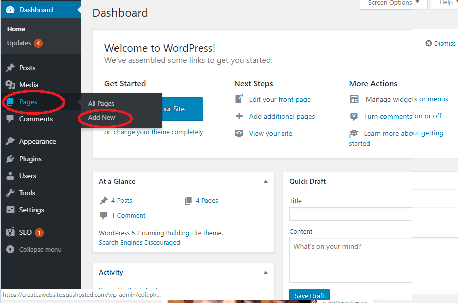 add wordpress page