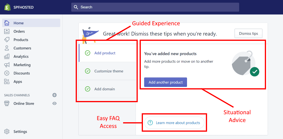 shopify dashboard gives clear guidance on what to do