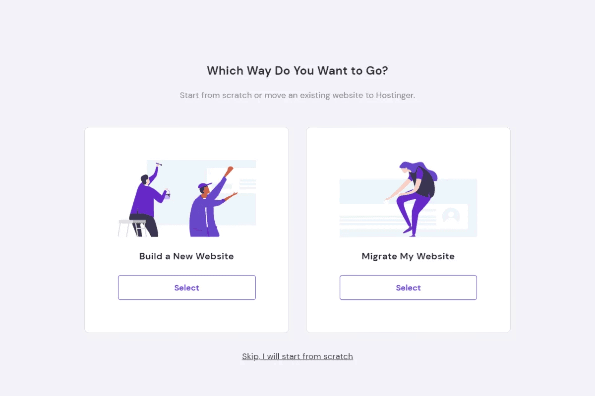 hostinger asks if you want to build or migrate a website