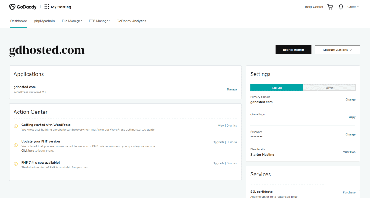 godaddy dashboard is simple and intuitive
