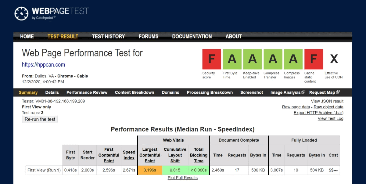hostpapa canada webpagetest result