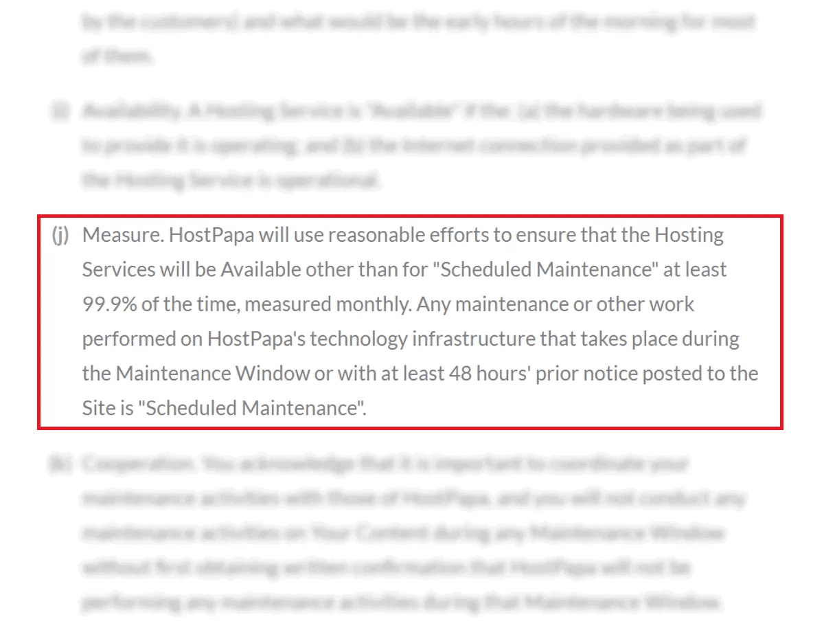 hostpapa sla no mention of compensation for down time