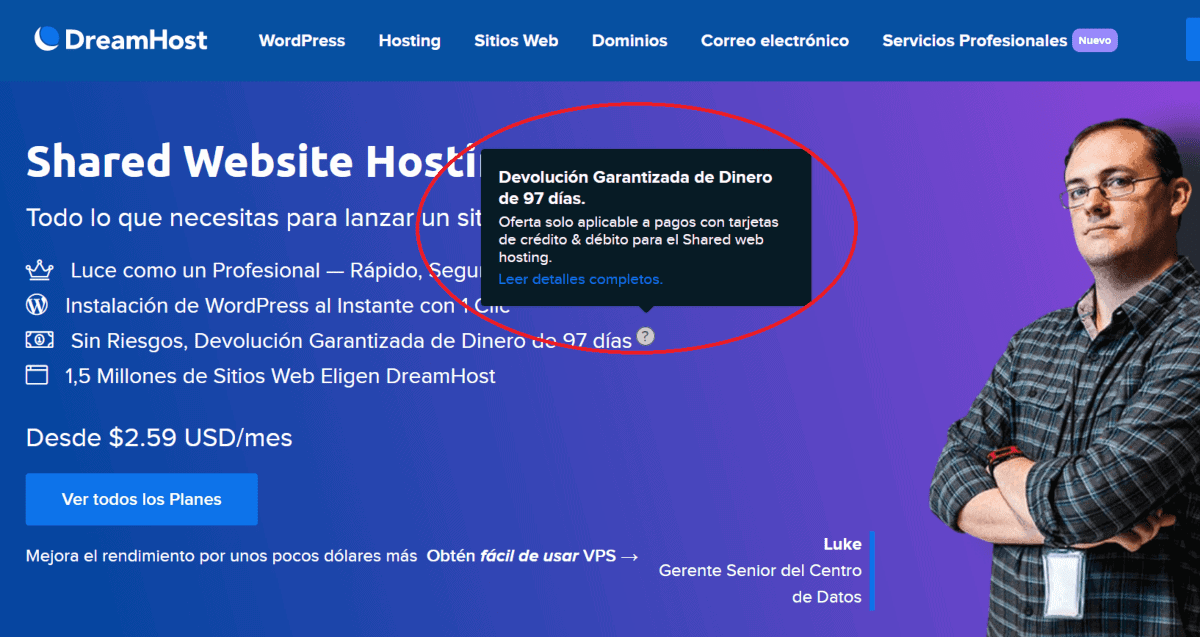 DreamHost ofrece una garantía de devolución de dinero de 97 días
