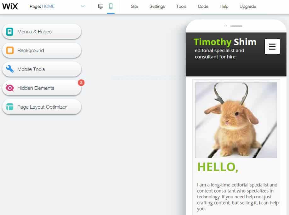 Wix Mobile Site Editor