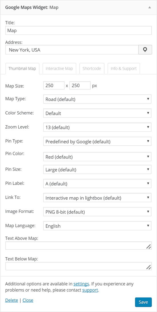 Google maps widget settings