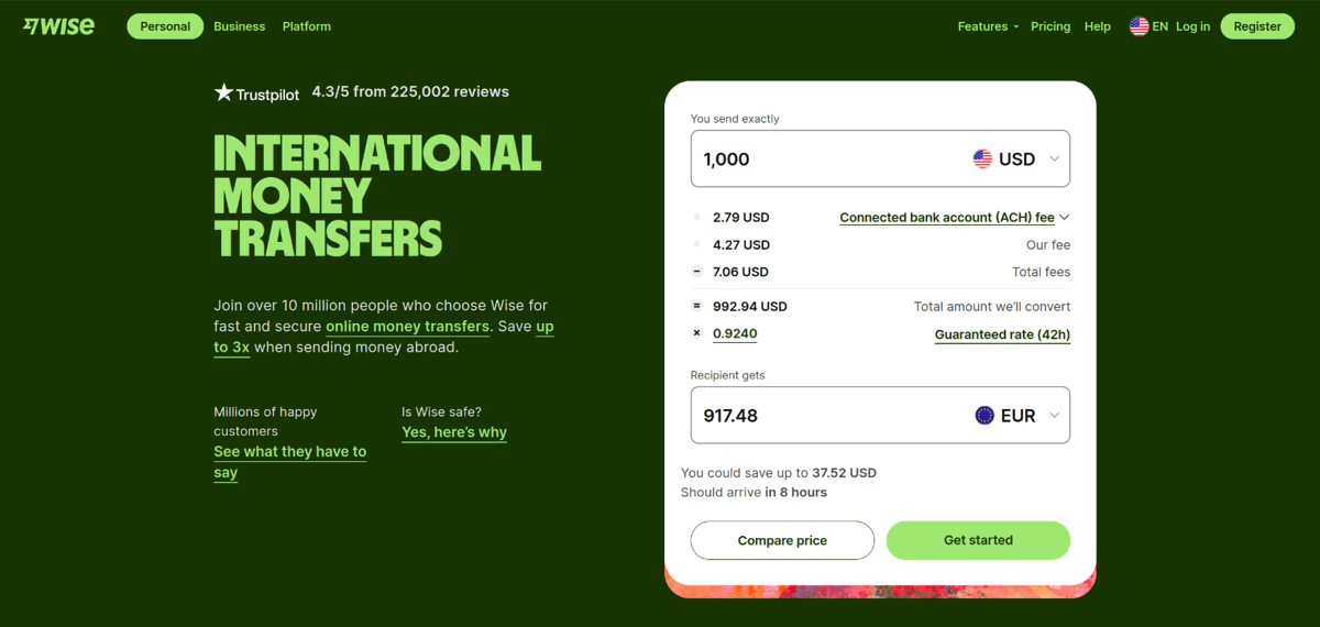wise transfer fees and pricing