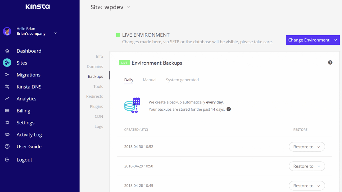 back up wordpress site via kinsta mykinsta dashbaord