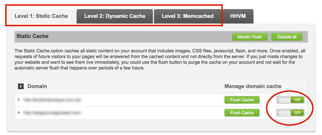 enabling different caches