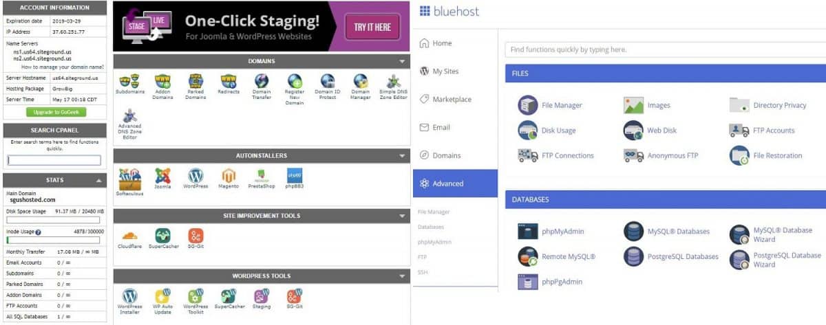 control panel comparison between siteground and bluehost