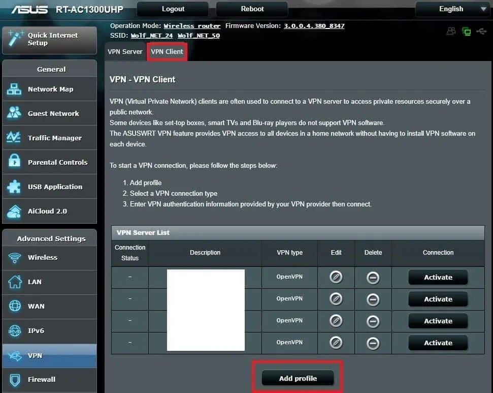 set up new vpn client for a router