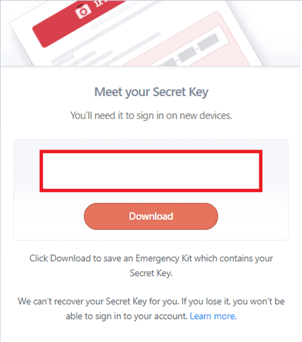 1password provide secret key for login