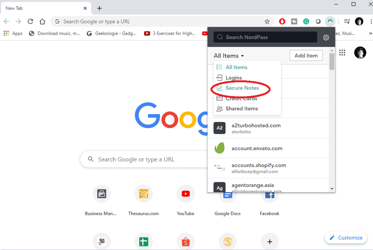 nordpass finding secure note in chrome