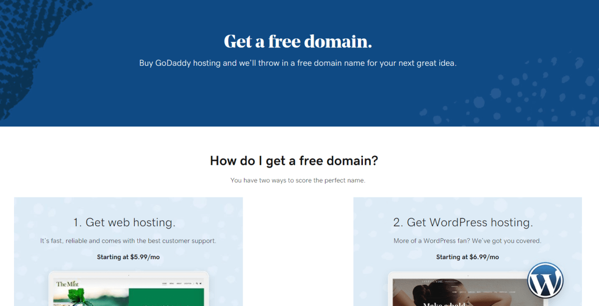 godaddy offers free domain for all hosting plans