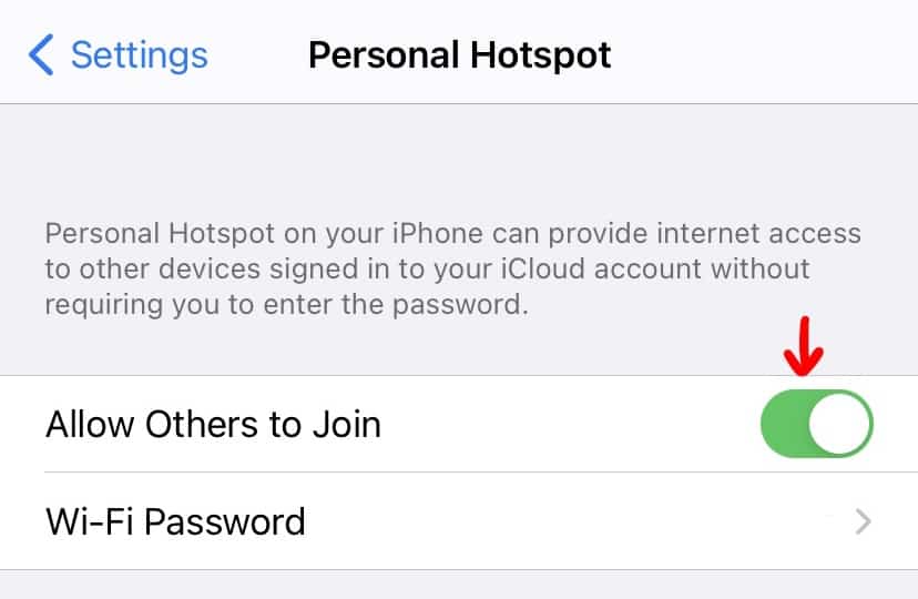 enabling others to join into personal hotspot on ios