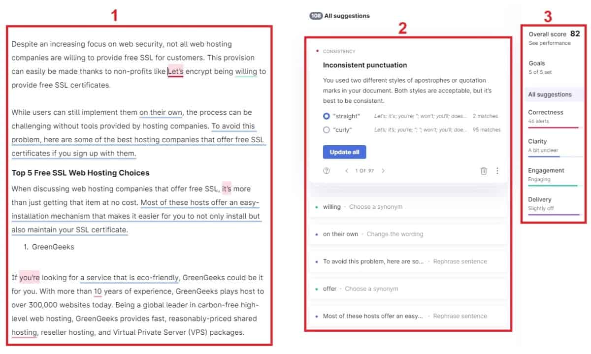 Grammarly color coding and zoning corrections for better manageability