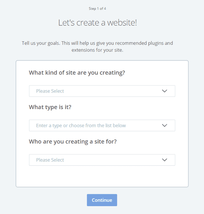 bluehost ask questions and recommend plugin based on website type